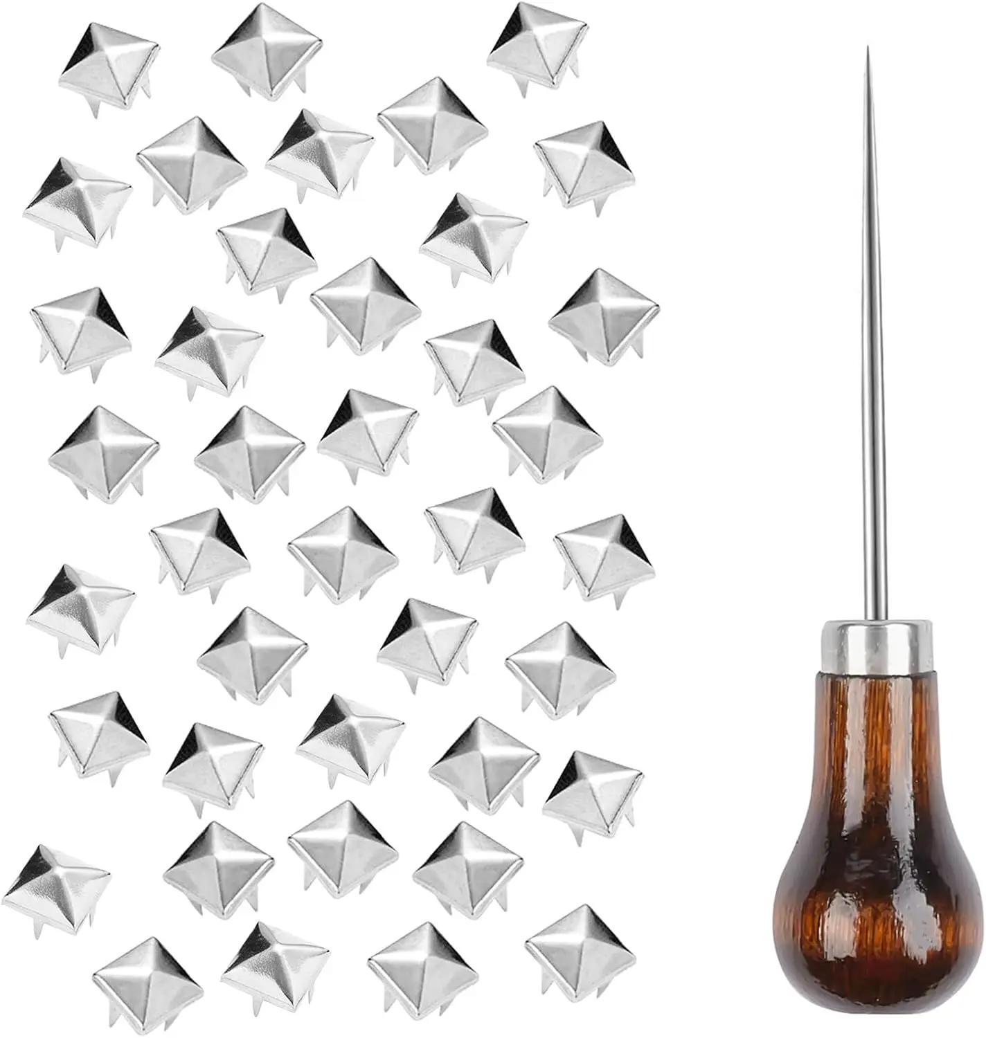 500 count 10 mm Square Pyramid Studs for Clothing Bag Leather Shoes Punk Rock  Craft, 4 Prong Metal Nailhead Studs Spikes Accessories with Awl ()