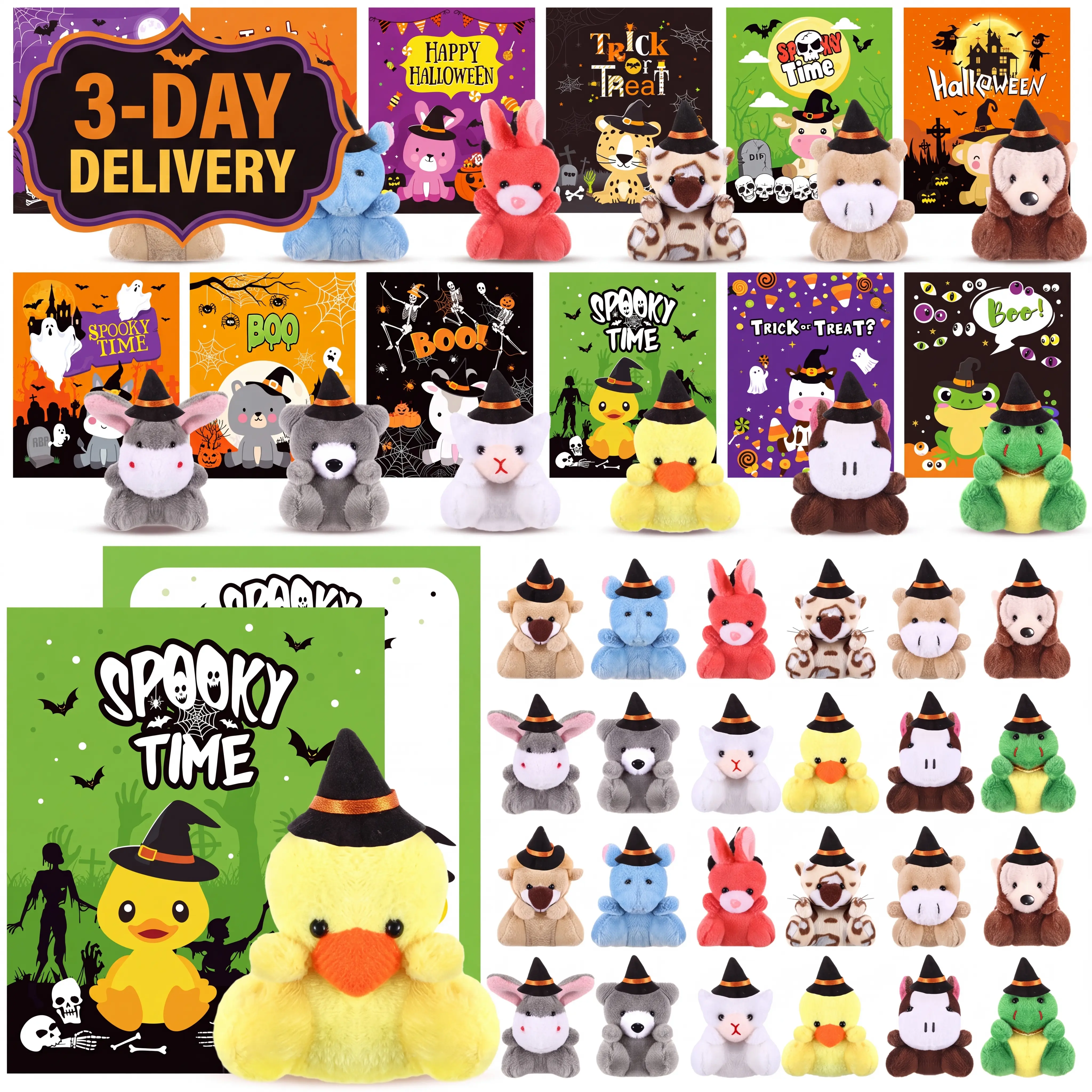 15/24/36 Sets Halloween Gifts Mini Stuffed Animals with Gift Cards, Halloween Party Favors Plush Keychains Bulk for SpookySeason Non-Candy Present for Classroom, Trick-or-Treat Bags & Birthday Parties Thanksgiving Christmas Black Friday