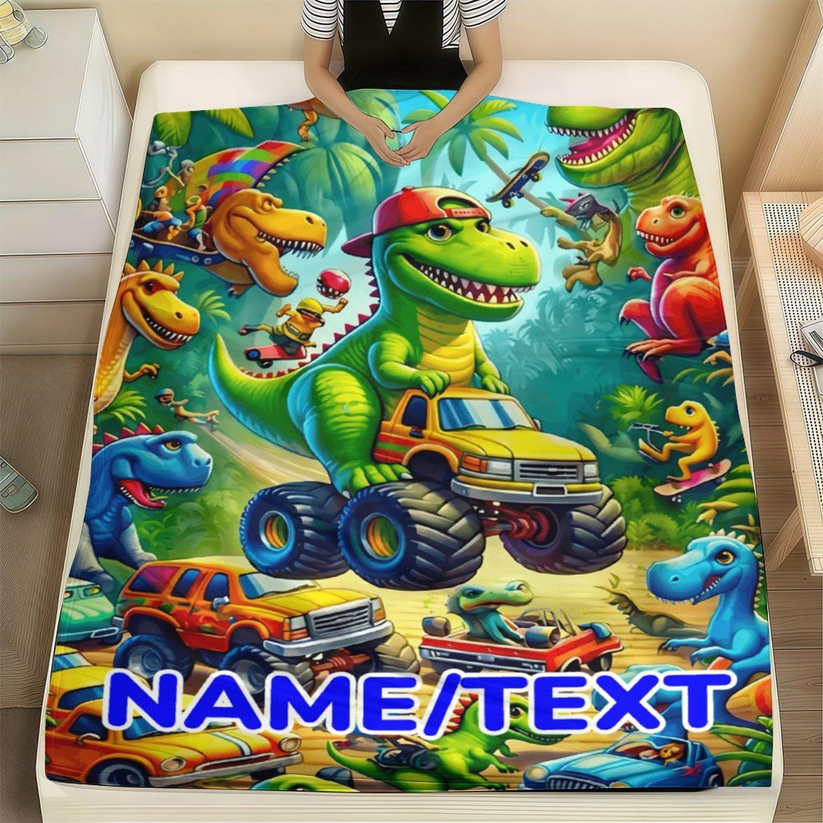 Custom Name Dinosaur & Car  Blanket ,Personalized Name Gift ,Suit for The Sofa, Bed, Travel, Camping, Living Room, Office, Chair，Gifts for Family or Child  ,Friend , Send your custom text via shop chat to personalize