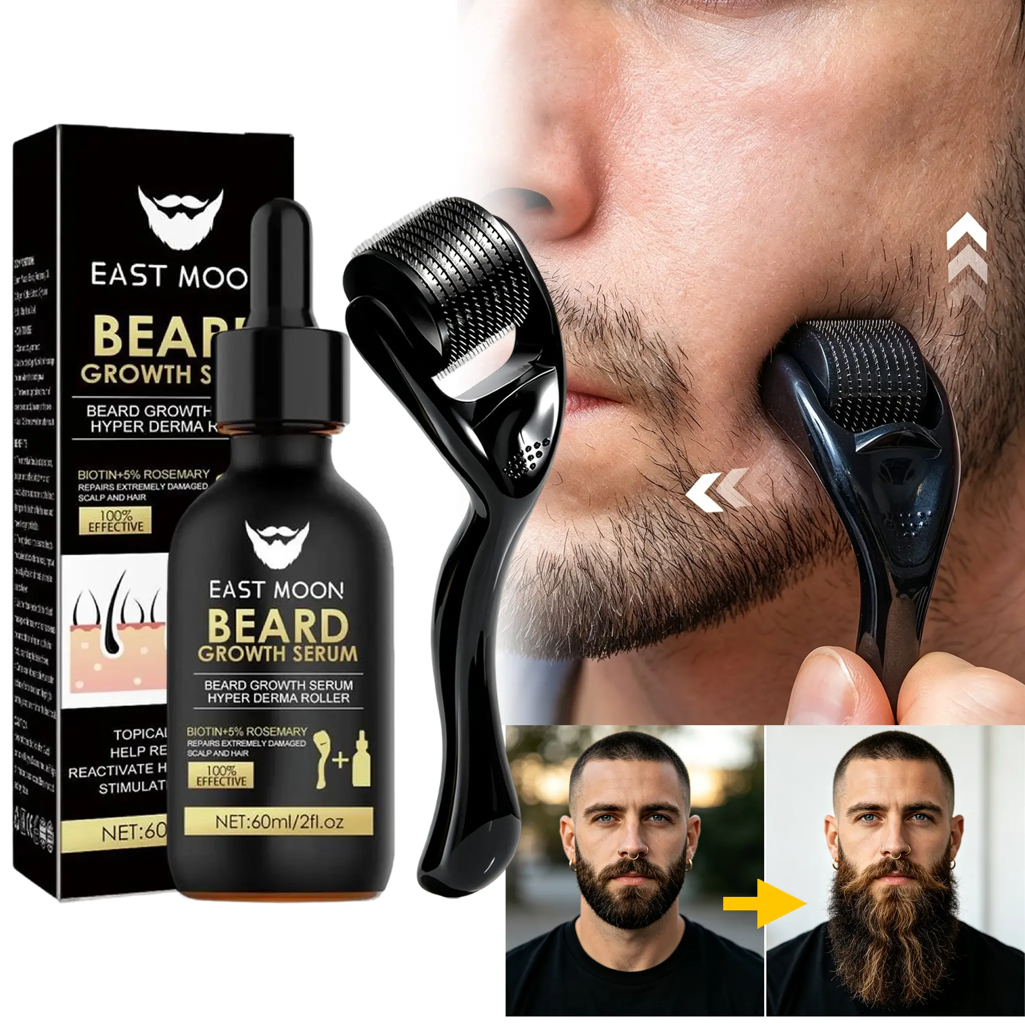 Men's Beard Care Kit - 60ml Alcohol-Free Growth Serum, Derma Roller for Massage, Nutritional Oil, Thickens Beard, Suitable for All Male Daily Care Needs