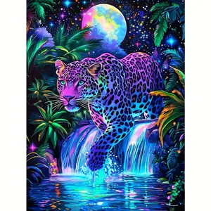 One Extra-Large Diamond Painting Kit Featuring a Neon Glow Effect with a Cheetah And Waterfall Night Scene. This Is a Diamond Art Craft Project for Adults