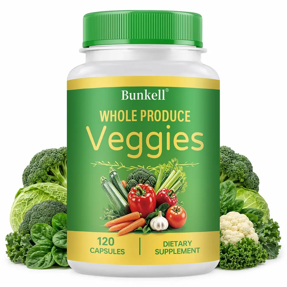 Bunkell Whole Produce Veggies - 3-in-1 Daily Greens Supplement for Immune & Antioxidant Support - 120 Capsules