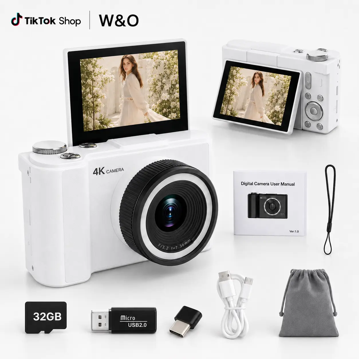 W&O Q5 White 4K Vlogging Camera, Up to 64MP Photos, Autofocus Point-and-Shoot Camera with 180° Flip Screen, Ring Light, 16X Zoom & 32GB Card Included, Beginner Camera for Teens, Students, Back to School & Birthday Gifts