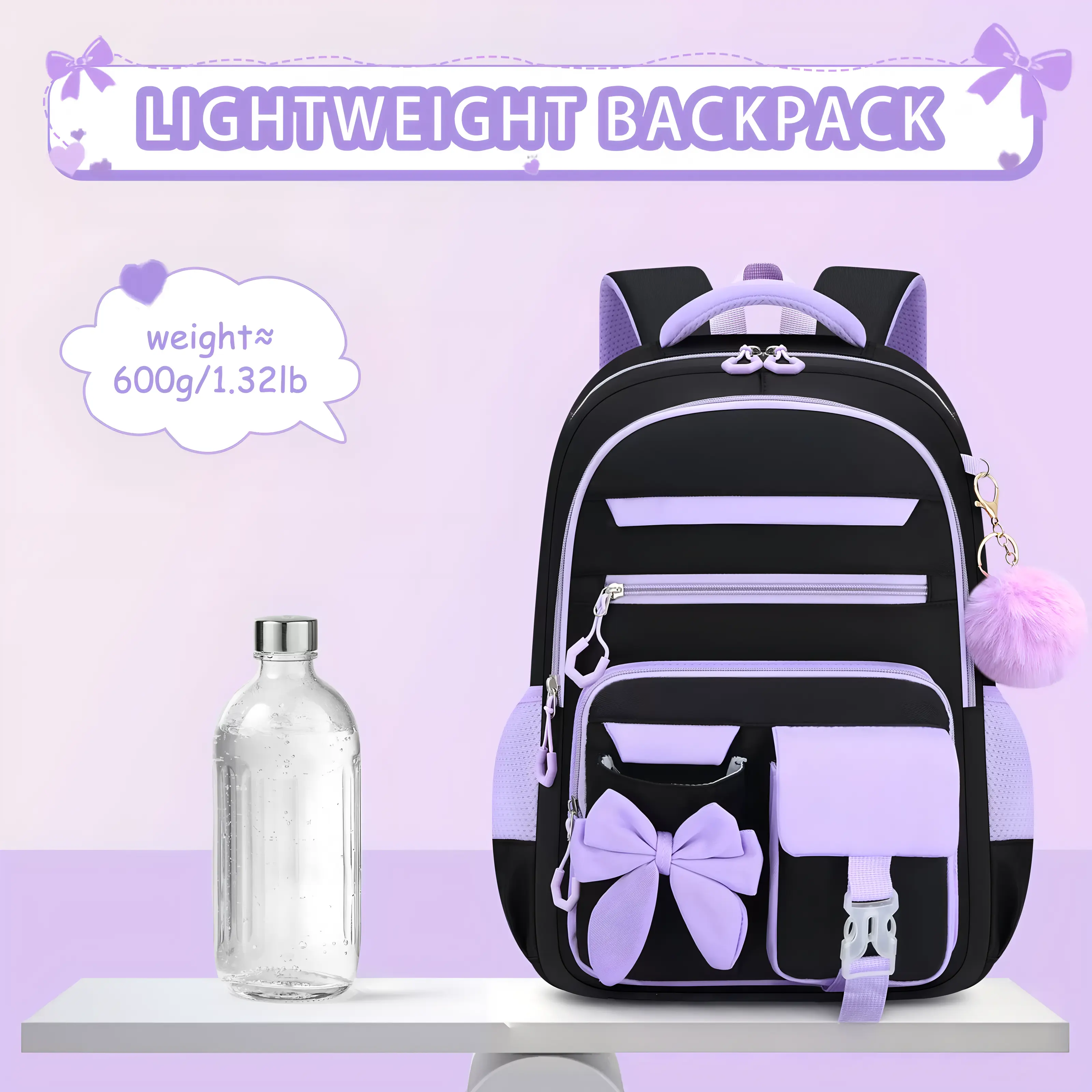 Girls' Cute Butterfly 3-Piece School Backpack Set, Adjustable Ergo Support Spine-Protecting Lightweight Large Capacity Backpacks for School Childrens Bag