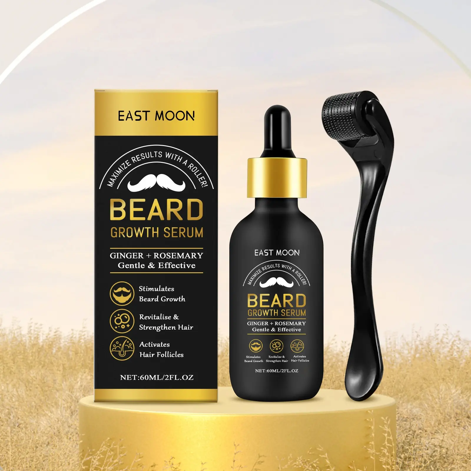 East Moon Men's Beard Oil – Beard Growth Serum, Gentle Cleansing, Moisturizing, Hydrating, Softening & Smoothing Beard Care