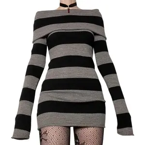 Women’s Gothic Off-Shoulder Striped Knit Dress — Y2K Fairy Grunge Style for Halloween, Dark Academia