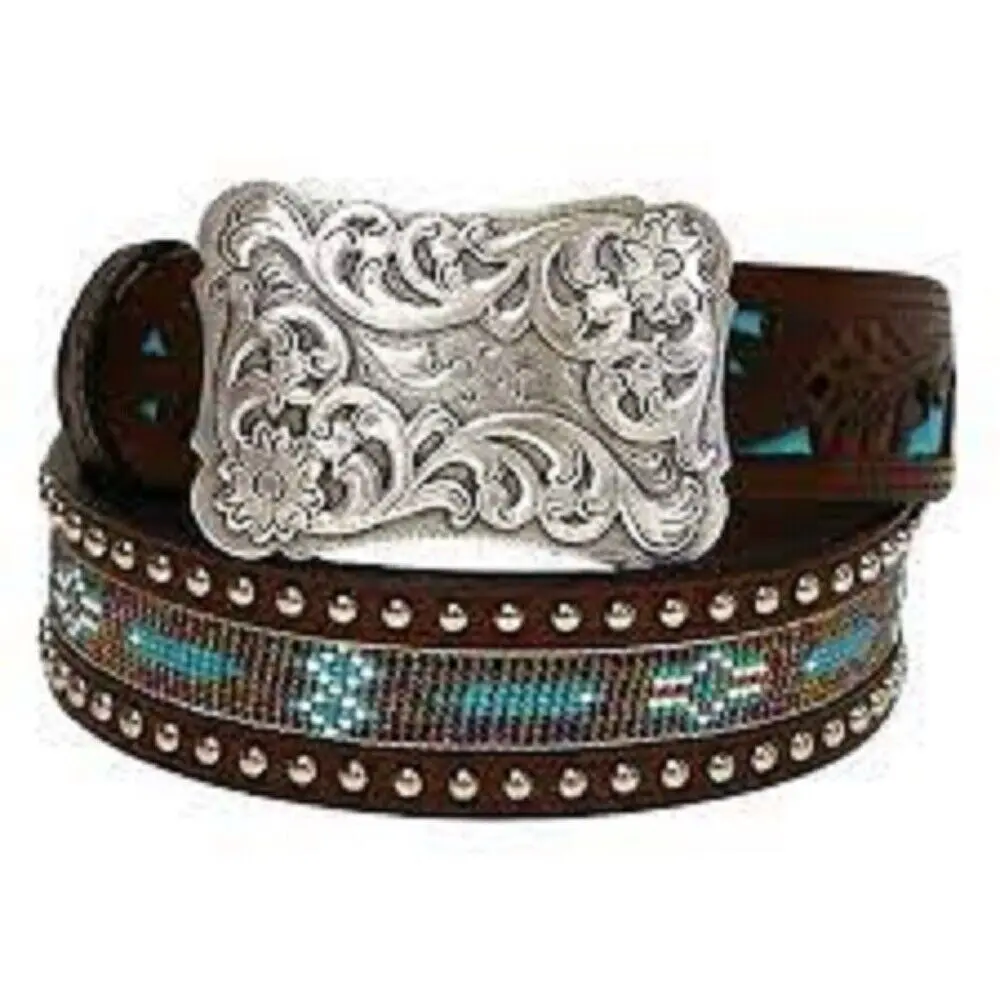 Women's Angel Ranch Tooled Cutout Belt w/ Teal beaded inlay