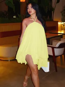 Women's Fashion Sexy Sleeveless Halter Backless Low Cut Tie-Up Mesh Breathable Loose Strap Dress, Comfortable and Stylish