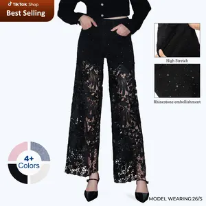 High Waist Wide Leg Lace Denim Jeans for Women Stretchy Rhinestone Black Pants Summer Style Cotton Viscose Polyester Trouser Gift BBL #SummerVibes