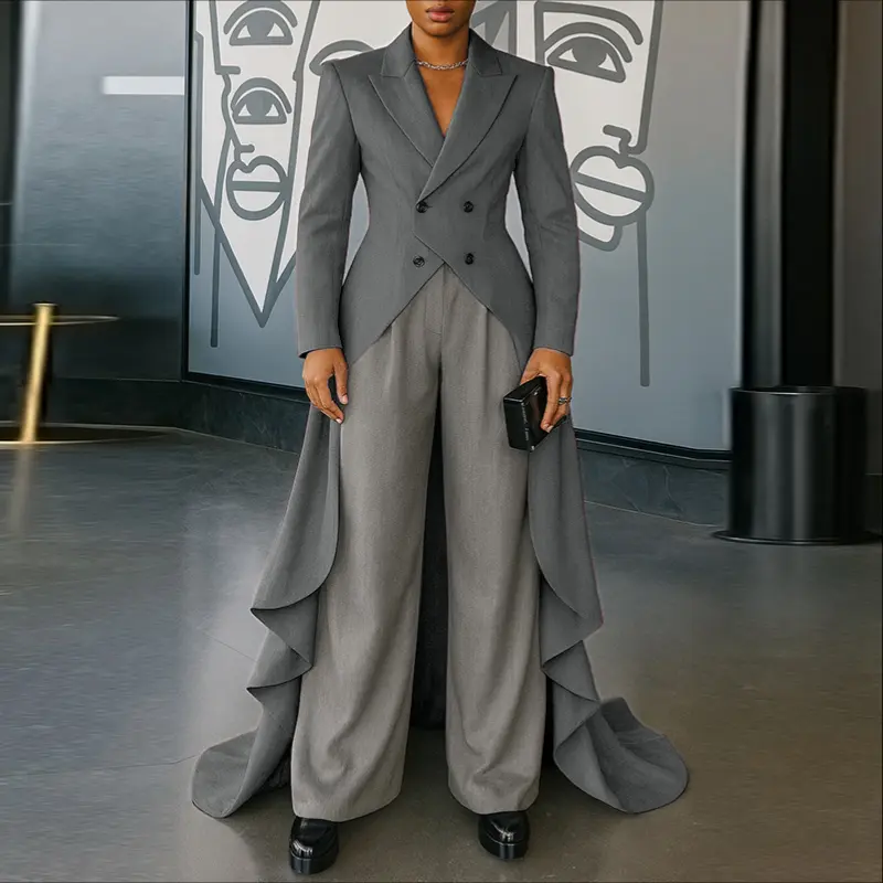 INCERUN Men's 2-Piece Fancy Elegant Stretched Spandex Tuxedo Suit - Grey Menswear, Long Sleeve Lengthened Tailcoat with Irregular Hem, Wide-Leg Polyester Pants, Comfortable for Halloween, Gala Party