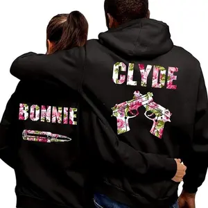 Couple Matching Bonnie Clyde Matching Couple Graphic Hoodie Casual Fleece Fabric  Pullover Hooded Sweatshirt for Women for Men, Perfect Loves Gift Stretch Fit