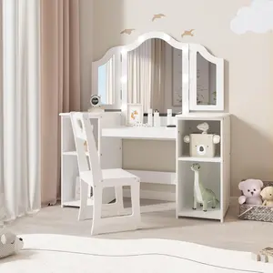 Kids Vanity Set with Mirror - 2-in-1 Wooden Toddler Vanity Table with Stool/Tri-Folding Mirror and Drawer - Removable Top - Princess Pretend Play Beauty Makeup Vanity for Little Girls - White