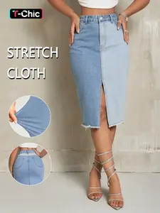 GILIPUR Women's Two Tone Blue Gradient Mid-Rise Light Wash Denim Midi Skirt, Y2K Vintage Front Slit Frayed Hem Bodycon Slim Fit Jean Skirt, Casual Streetwear Skirt for Daily, Date & Commute TChic
