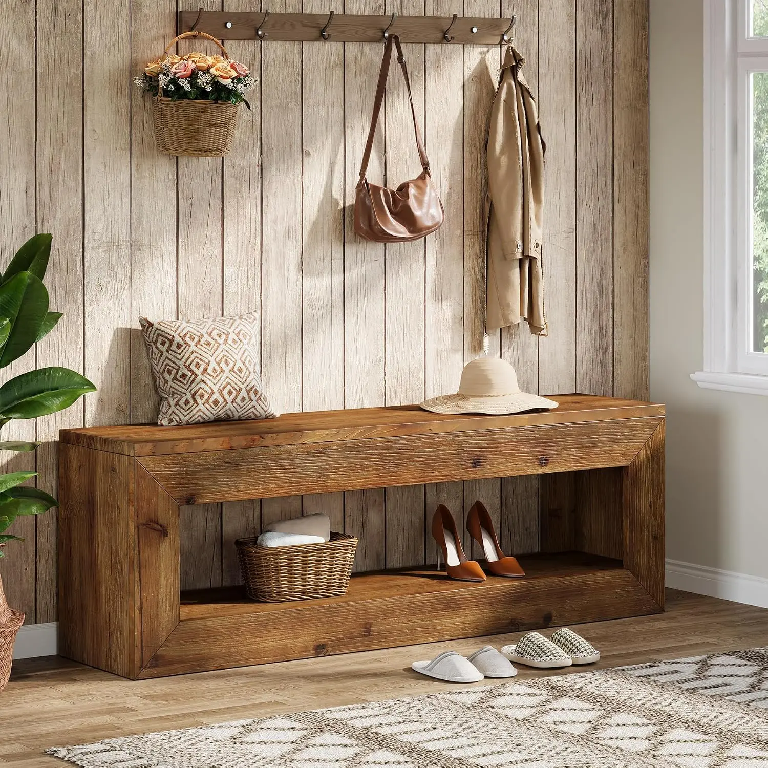 TRIBEWOOD 47" Solid Wood Storage Bench, Rustic Farmhouse Indoor Entryway Bench with Shelf for Entrance, Hallway