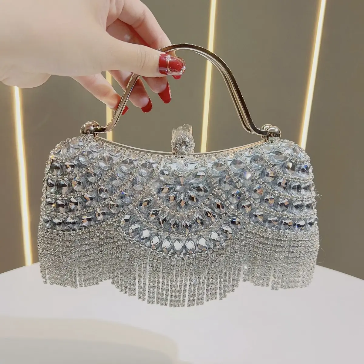 Sparkly Crystal Fringe Clutch Purse, Women Rhinestone Embellished Hard‑Shell Formal Party Handbag