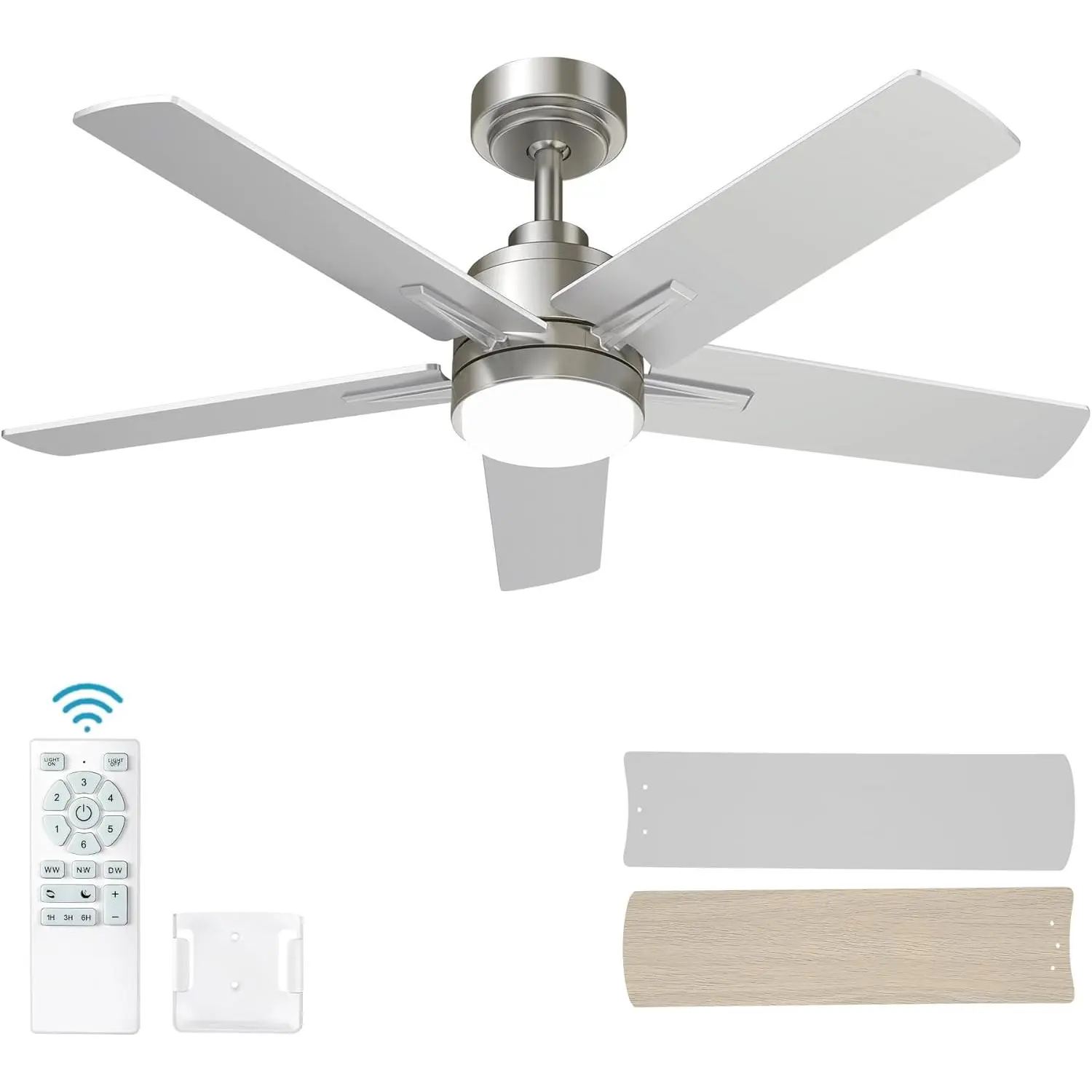 42 Inch Nickel Ceiling Fan with Light and Remote Control,Dimmable 3 Color Temperatures LED Ceiling Fan,6 Speeds Reversible DC ,5  Modern Ceiling Fans for Indoor or Covered Outdoor