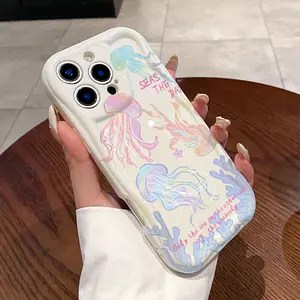 Cream Colorful Jellyfish Pattern Curly Wave Frame Phone Case for iPhone 16 15 14 Pro Max 13 12 11 XR XS Plus Shockproof Non Slip Military-Grade Protection Silicone Cover Cellphone Casing