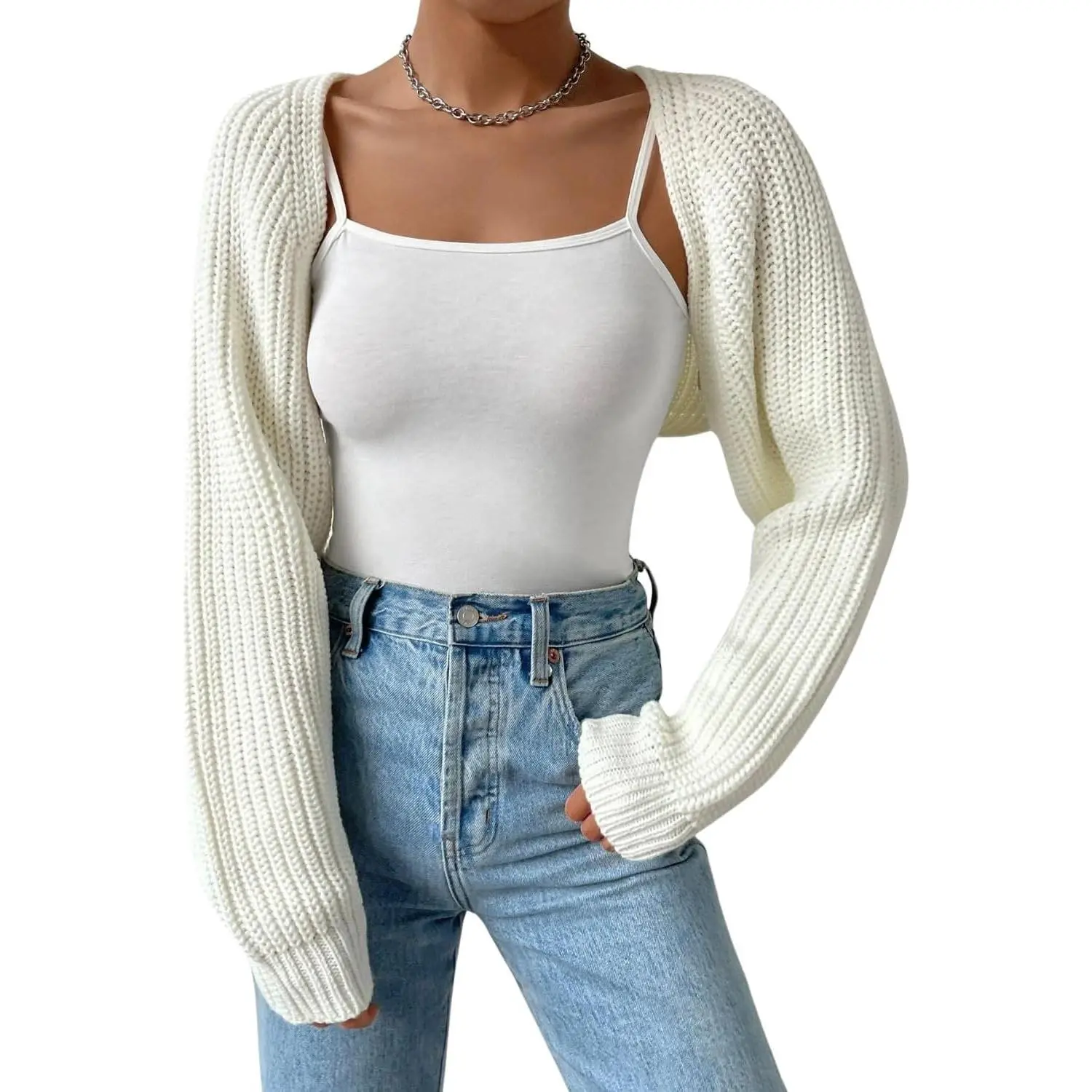 Women Open Front Knit Crop Bolero Drop Shoulder Long Sleeve Loose Fit Knitted Crop Cardigan Shrug