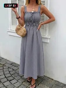 Elegant Casual Plaid Midi Dress, Ruffle Wide Straps Square Neck, Gathered Tie Waist, A-Line Shape, Beach & Streetwear Style