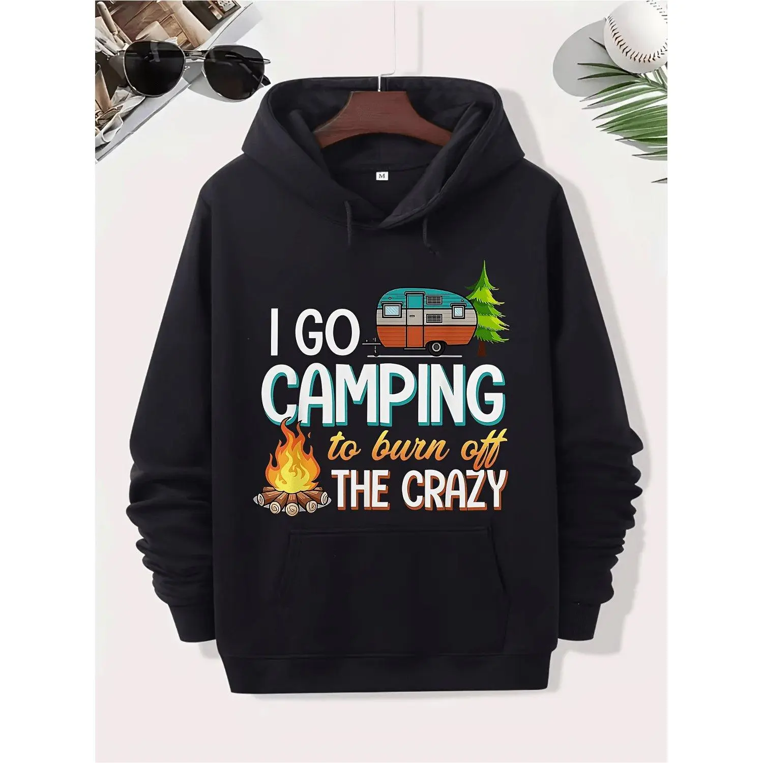 Funny Camping Hoodie Pullover with Kangaroo Pocket Featuring Campfire and Pine Tree Design Casual Cozy Outdoor Attire for RV Trips Relaxed Style Sweatshirt I Go Camping to Burn Off the Crazy Slogan