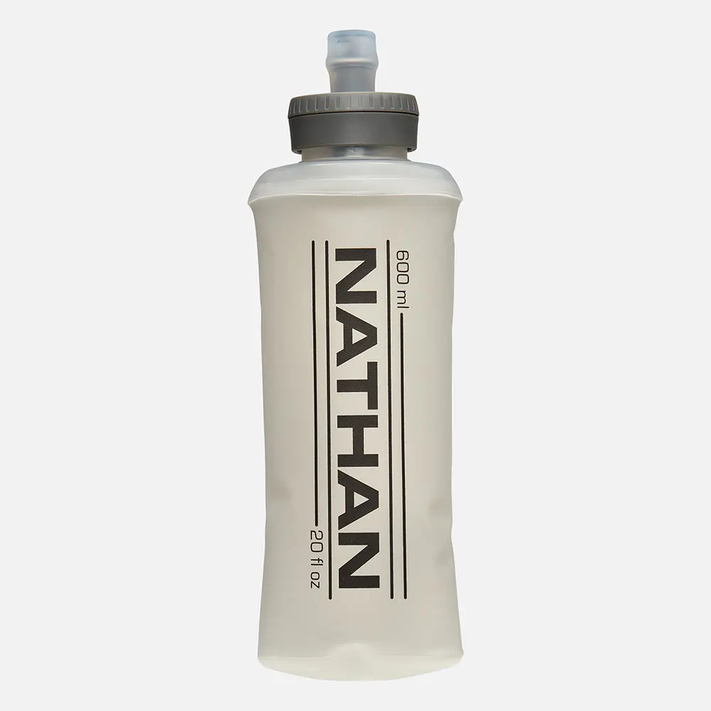 NATHAN Soft Flask 20oz Leak-Proof Twist Locking Cap Hydration Bottle with Self-Cleaning Bite Valve for Running, Outdoor Sports, & Hydration Vests, 42mm Wide Mouth, Flexible Pocket-Friendly Foldable Design