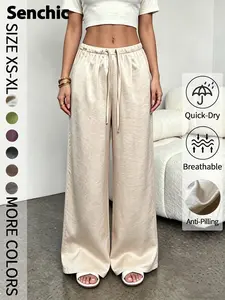 European Style Elegant Women's Solid Satin Long Pants, Anti-Acetic Acid Commuter High-End Casual Elastic Waist Loose Fit Wide-Leg Trousers