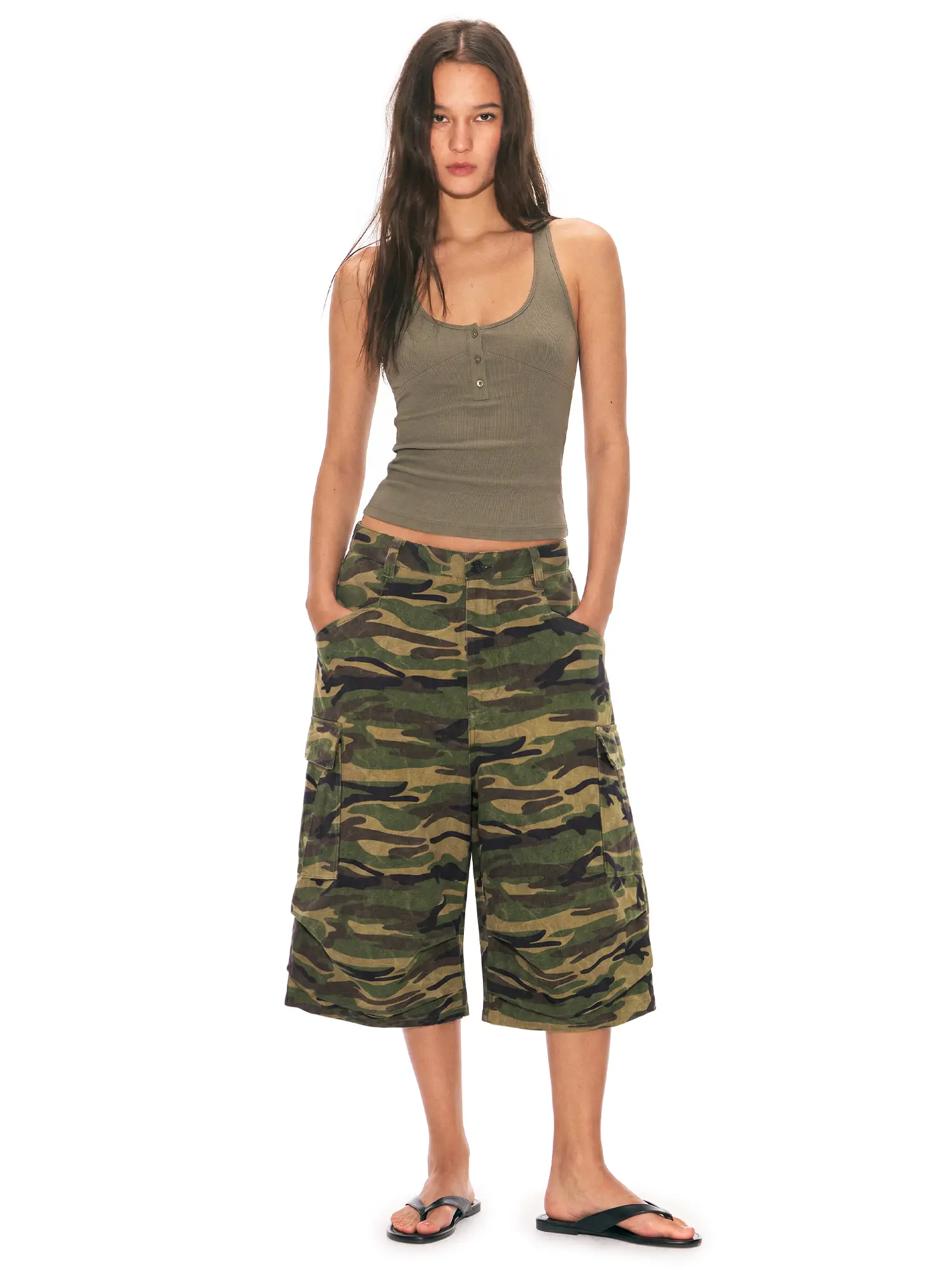 FDR Vintage Camo Wide Leg Cargo 3/4 Pants Baggy Streetwear Y2K Casual Shorts Unisex Summer