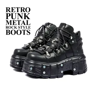 Womens Ankle Boots Round Toe Platform Sneakers Lace Up Metallic Buckle Strap Retro Punk Rock Style Comfy Fashionable Y2k Combat Chunk Cross Tied Rivets Boot Outing Clubbing Event Party Spring Motorcycle Goth Punk Boot Shoes