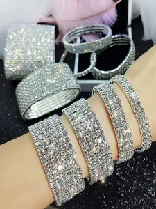 Shiny Silver Color Geometric Rhinestone Bangle Bracelets for Women, 2-8 Rows Elastic Fit, Perfect for Weddings, Evening Parties, Festivals