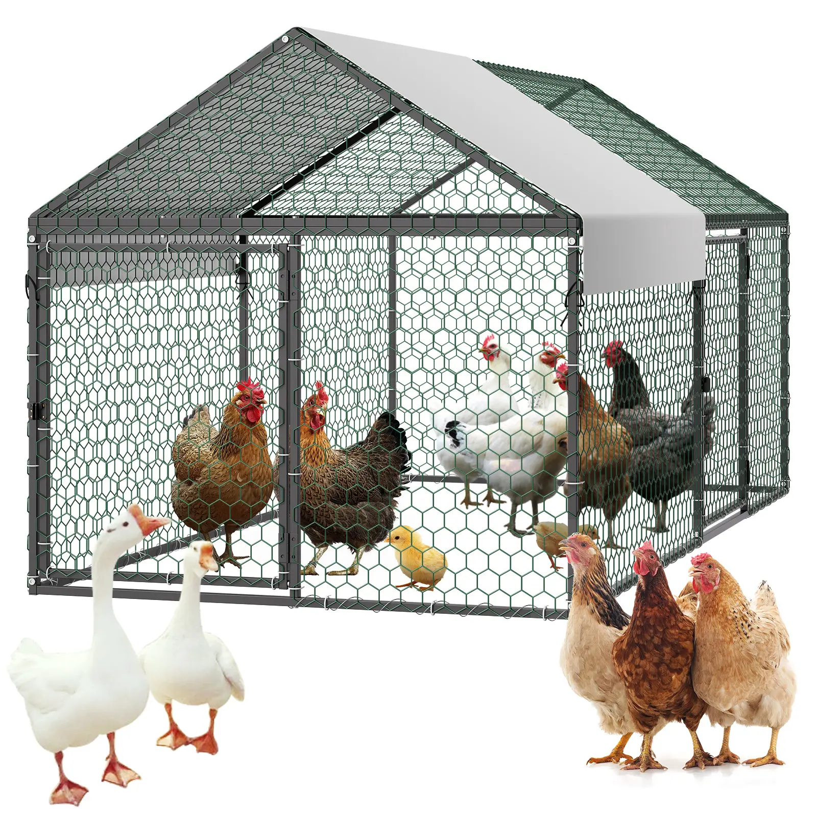 【SummerFinds】VEVOR Metal Chicken Coop for 4-6 Chickens, 3.3 x 6.6 x 3.3 ft, Small Chicken Cage with Waterproof Cover & Double Doors, Spire Roof Poultry Run Compatible with Wooden Coops, for Rabbit Hen Goose Duck
