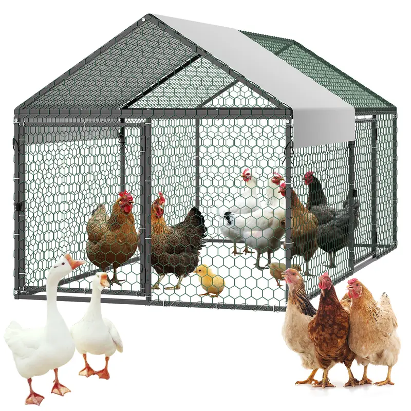 VEVOR Corrosion-Resistant Carbon Steel Chicken Enclosure - 3.3x6.6x3.3 ft Outdoor Poultry Cage, Predator-proof Mesh, Secure Bolts, Double Doors, Waterproof Cover, Spire Roof, Wooden Coop Compatible, 4-6 Bird Capacity