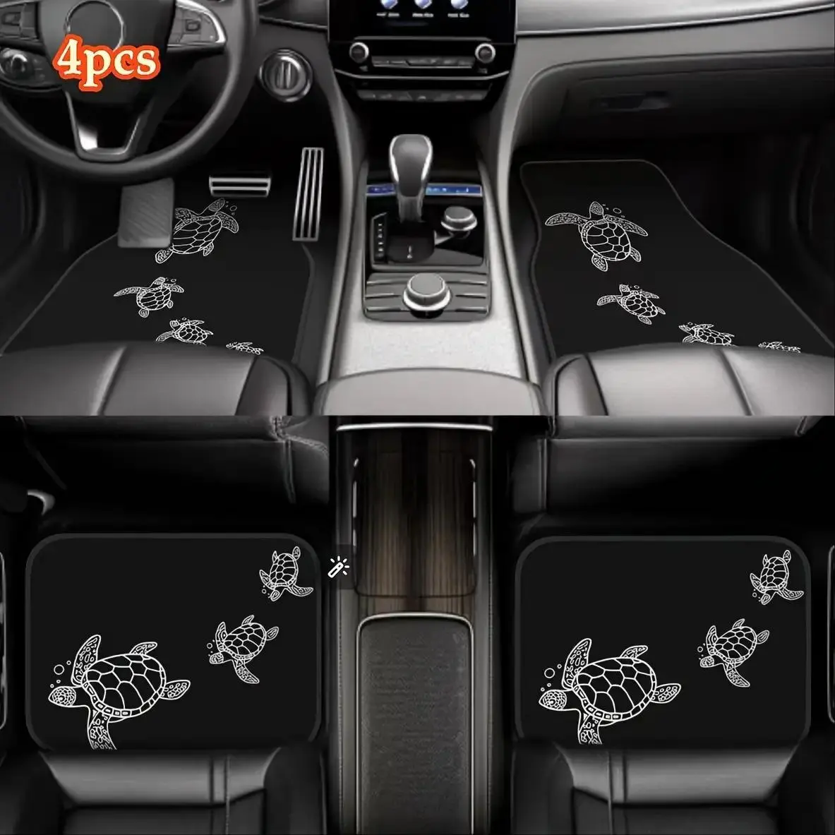 4pcs Sea Turtle Pattern Car Floor Mats Set - Black Polyester Full Coverage Front & Rear Seats, Fit for Sedans, Vans, SUVs, All-Weather Durable with Non-Slip Backing & Precise Pedal Cutouts, Marine-Themed Car Interior Accessories