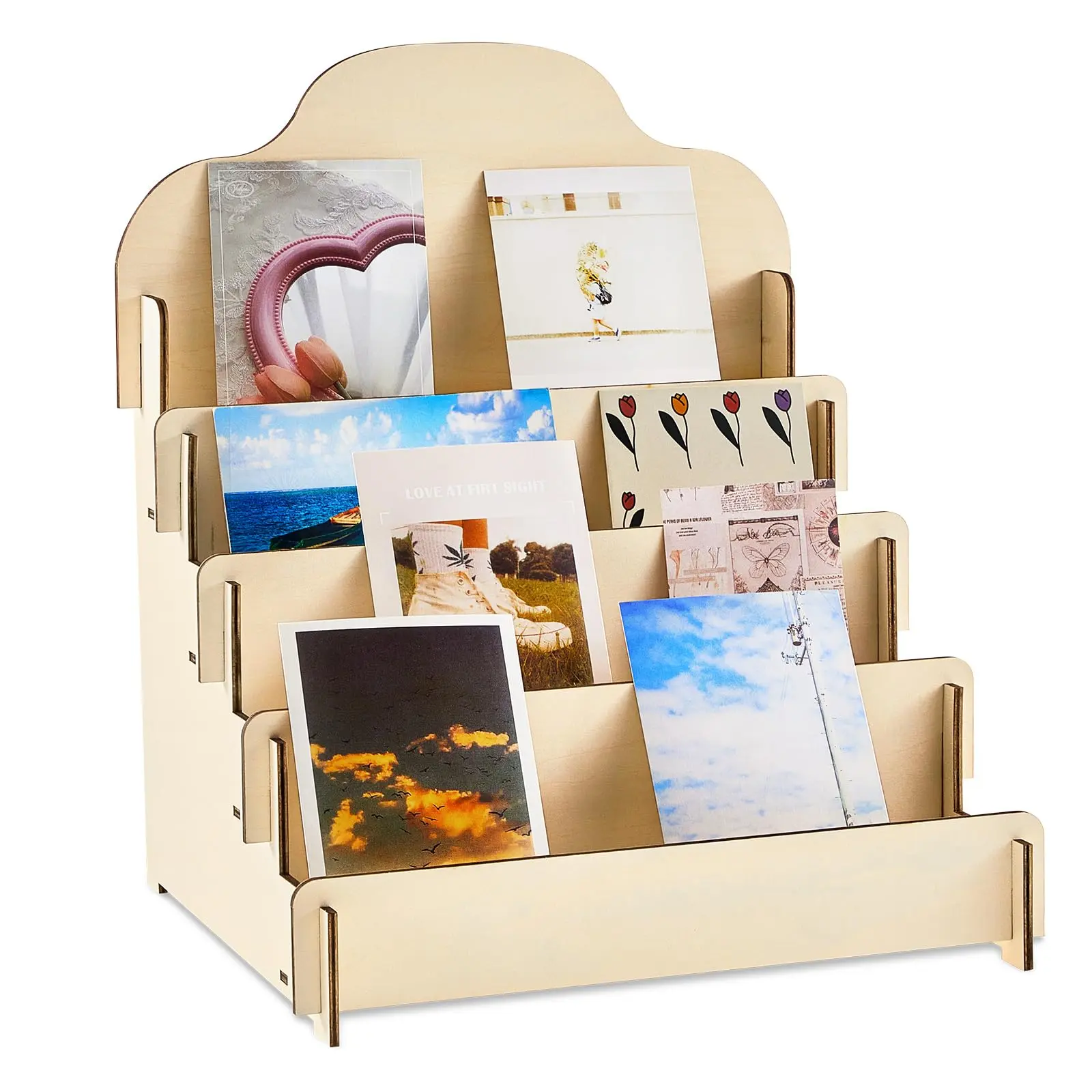 Wooden Staircase Display Rack, Simple Style, 4-Layer Large Capacity Card Slots, Ideal for Street Markets, Postcards, Greeting Cards, Desk Organizer