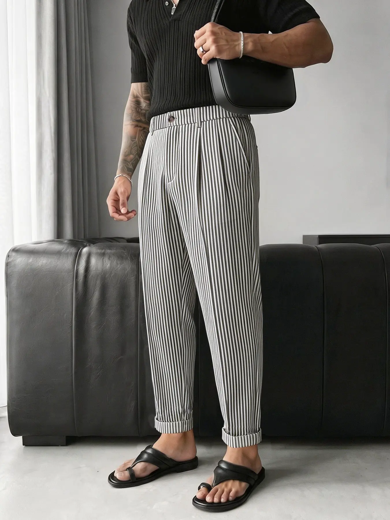 Men's Chic Striped Suit Pants, Natural Waist, Casual Fit Trousers for All Seasons, Fashion Business Pants, Anti-Wrinkle Breathable Fabric, Comfortable Long Pants