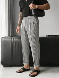 Men's Striped Suit Pants, Natural Waist, Fitted H-Type, All-Season Fashion Casual Business Pants, Anti-Wrinkle Breathable, Comfortable Long Pants