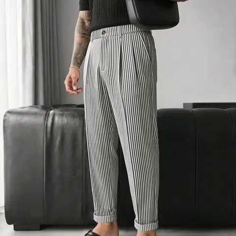 Men's Striped Suit Pants, Casual Ankle-Length Fitted Pants, Button Fly, Button Up Trousers, Natural Waist, All-Season Business Wear, Comfortable Long Pants, Casual Button Trousers