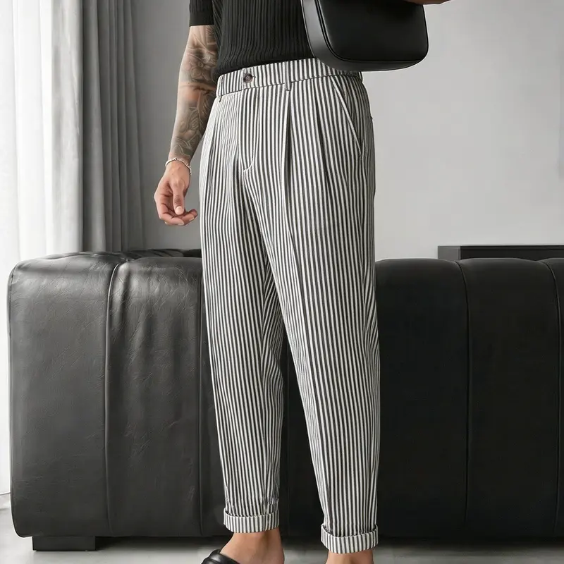 Men's Striped Suit Pants, Casual Ankle-Length Fitted Pants, Button Fly, Button Up Trousers, Natural Waist, All-Season Business Wear, Comfortable Long Pants, Casual Button Trousers