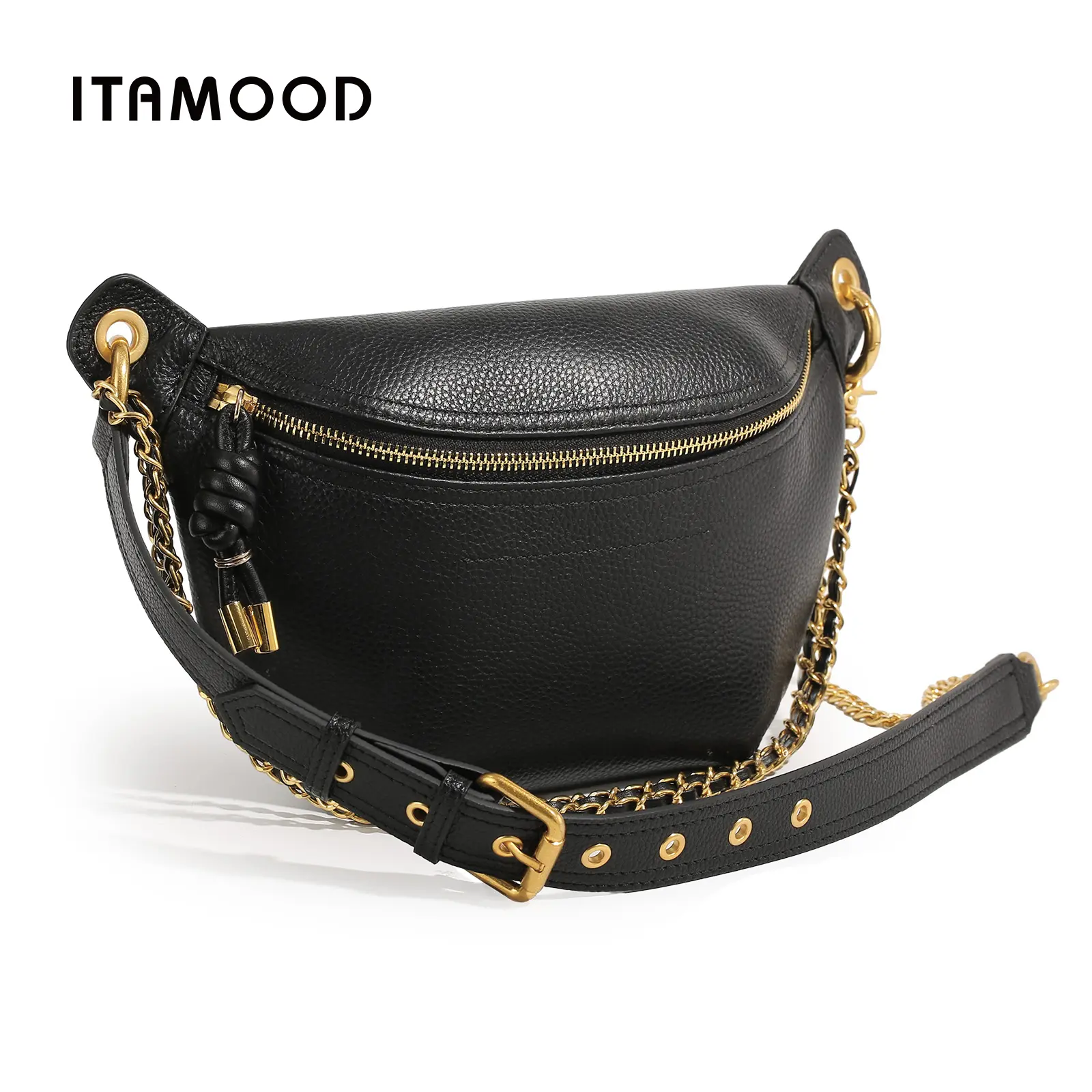 ITAMOOD Black Chest Bag for Women Vegan PU Leather Crossbody Bags for Women Men,  bum bag with Chain Strap Adjustable Shoulder Bag Fashion Mini Waist Bag with Back Zipper Pocket solid color fanny pack, Ideal for Everyday Use