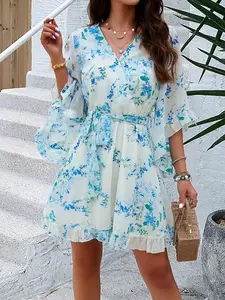 Women's Ditsy Floral Print V Neck Short Chiffon Dress, Elegant Flounce Sleeve Tie Waist Dress for Summer, Ladies Clothes for Beach Holiday