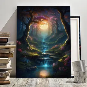 Moonlit Enchanted Forest Pattern Canvas Painting with Frame, Wall Art Painting, Modern Artwork for Home Living Room Bedroom Office Decor, Ideal Gift