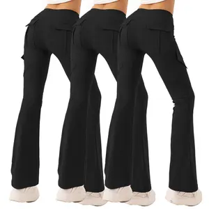 3PCS Yoga Flare Leggings for Women High Waisted Bootcut Pants with 4 Pockets Casual Workout Cargo Trousers for Yoga & Daily Wear
