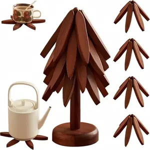 Tree-Shaped Wooden Heat Insulating Pad Set, 4 Walnut Pads + 1 Stand, Foldable Design, High-Temperature Kitchen Mat, Ideal for Hot Dishes, Pots, Bowls, Teapots