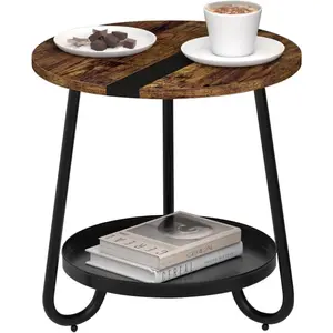 2 Tier Coffee Table in Living Room, Industrial Style Round Coffee Table with Metal Tray,  Small Outdoor Coffee Table for Bedroom Balcony Patio, Rustic Brown