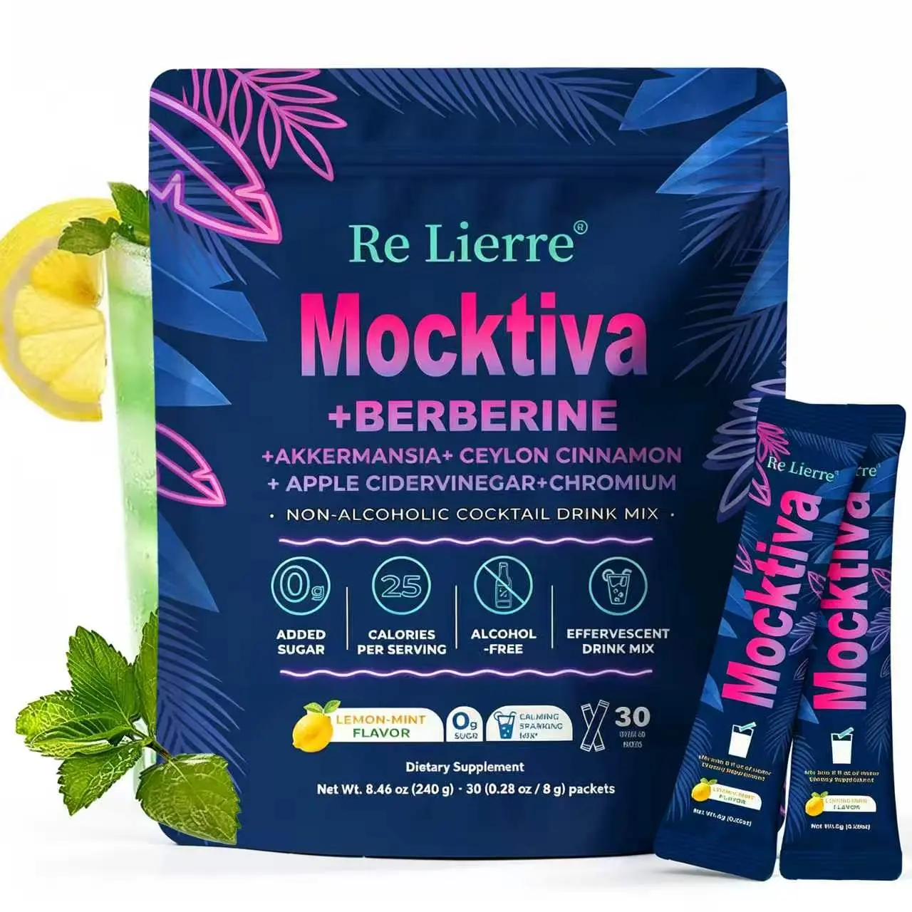 MOCKTALE-1 Metabolic Support with Berberine & Akkermansia, Chormium, Cylon Cinamon, Apple Cider Vinegar - 30 Packets Lemon Mint Flavor Non-Alcoholic Cocktail | Powdered Supplement Drink Mix