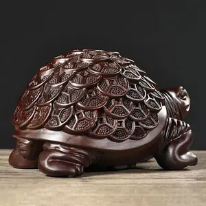 Hand-Carved Ebony Rosewood 1pc Money Turtle Sculpture - Wooden Tortoise Figurine Decorative Ornament - No Electricity Required Feng Shui