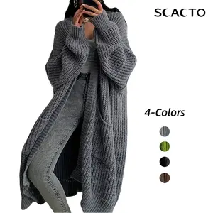 SCACTO Women's Autumn Winter Lazy Style Long Knitting Cardigan, Loose Versatile Longsleeves Plus Size Minimalist Basic Casual Knitwear Top (4 Colors)