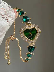 Women's Quartz Watch with Heart-Shaped Diamond Dial, Fashionable Gemstone Strap, Perfect for Daily Wear, Dates, Holidays, Thanksgiving, Christmas, Elegant Fashion Watch