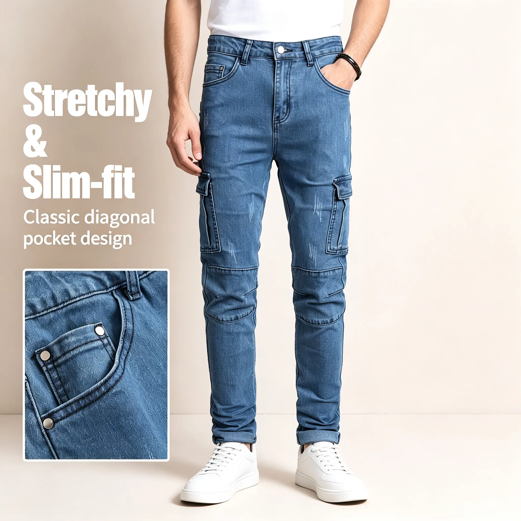 JUNBAOSS Men's Slim-Fit Cotton Jeans - Distressed Straight-Leg Stretch Denim with Zipper, Comfort Flex Waist, Premium Fabric Pockets, for Street Style, Matching Sneakers/Belt, Menswear Fashion Apparel, Hipster, Personalized, Teenage Dirtbag Aesthetic