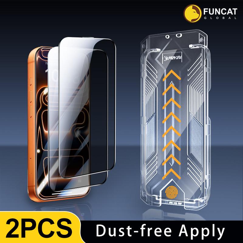 [2PCS] FUNCAT GLOBAL Screen Protector-Dust-free Applicator FOR iPhone 17/16/15/14/13/12 "On SALE for NEW APPLE" (Reusable Easy Installation) Headset Covered, Fully Protection, Fingerprint-proof, Electroplated Layer, Tempered glass