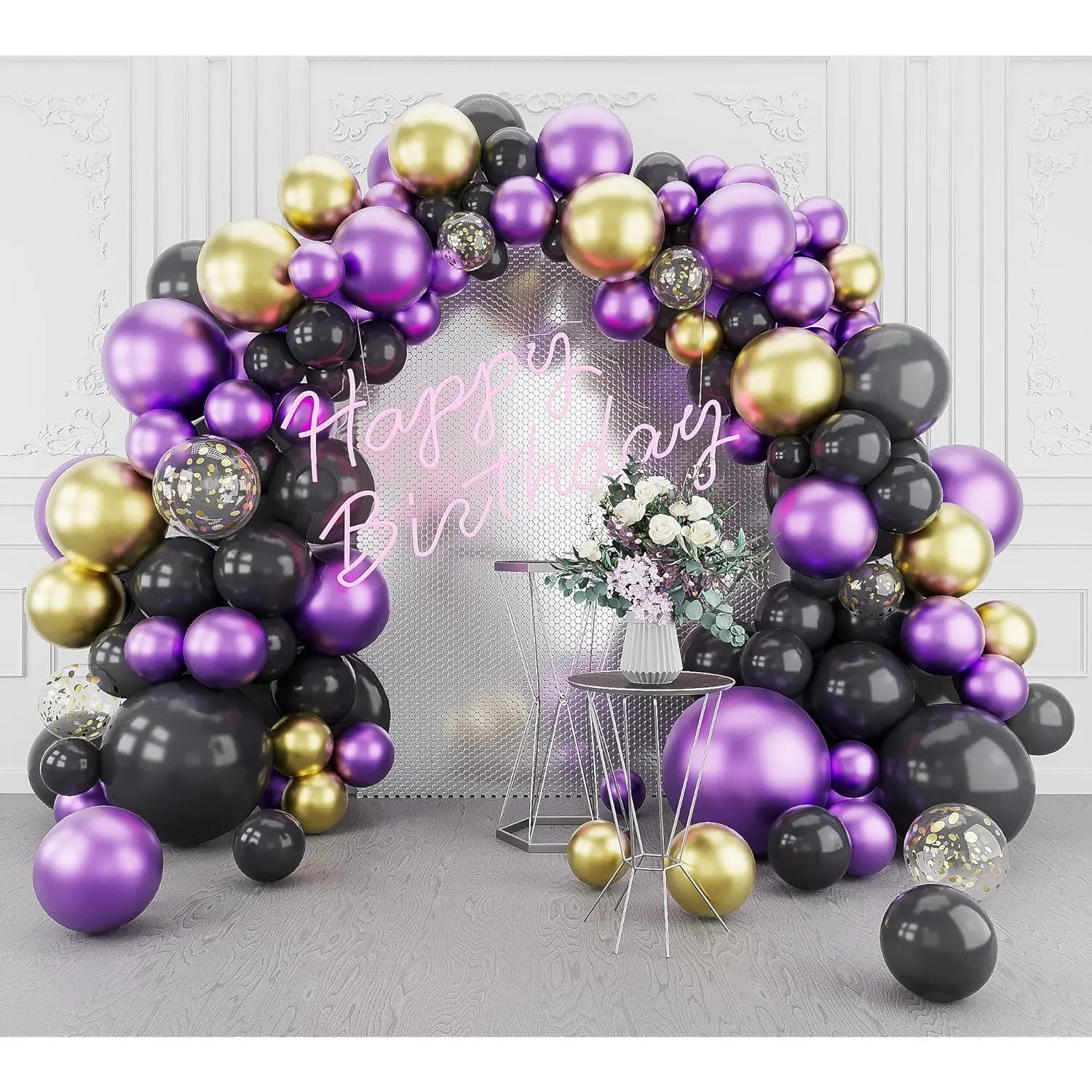 Metallic Purple Balloon Arch Garland Kit-Metallic Gold Balloon Black Balloon 123Pcs For Graduation,Birthday,Easter,Baby Shower,Christmas,Fiesta Party Decoration.